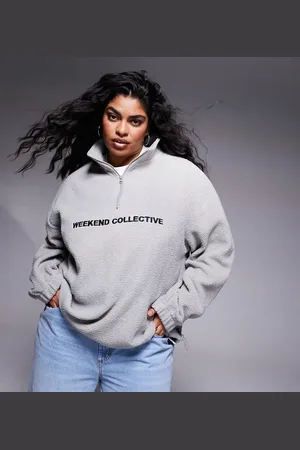 ASOS Weekend Collective Curve half zip borg fleece with logo in heather