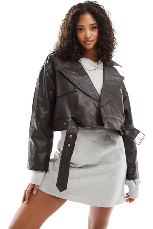 ASOS Leather oversized cropped trench coat in burgundy