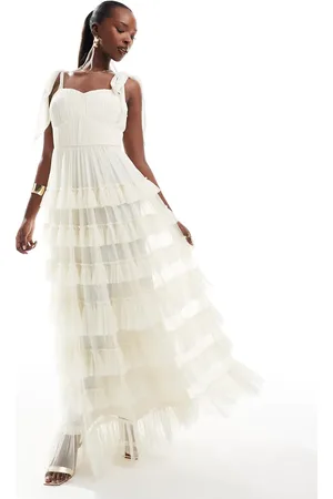 Lace & Beads Bow ruffle midaxi dress in vintage cream