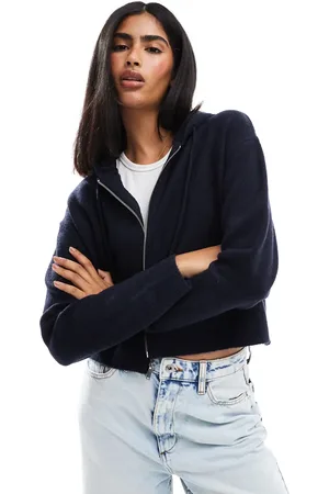 Miss Selfridge Zip through crop knit hoodie in
