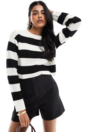 JJXX Cropped boxy stripe ribbed sweater in black & beige