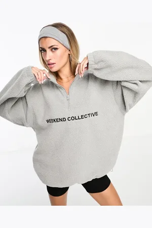 ASOS Weekend Collective half zip borg fleece with logo in heather