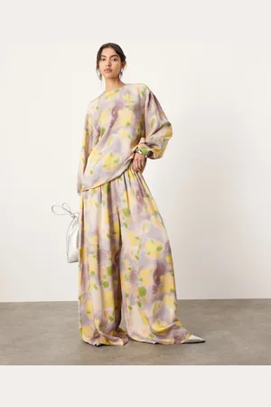 ASOS Super wide leg drawstring waist pants in blurred floral - part of a set