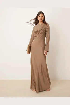 ASOS Cowl neck satin chiffon mix long sleeve maxi dress in mink brown