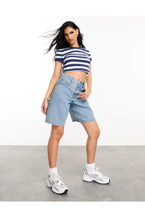 ASOS Weekend Collective longline denim shorts in light wash