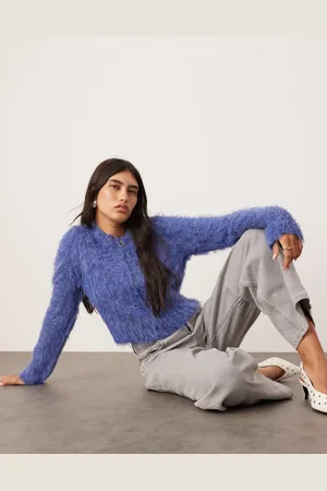 ASOS Fluffy knit zip through cropped cardigan in denim blue