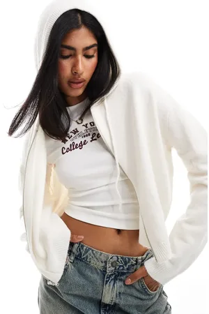 Miss Selfridge Zip through crop knit hoodie in cream