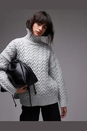 Topshop Knitted weave cable high neck oversized sweater in light blue