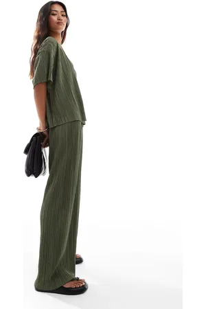 ONLY Boxy plisse wide leg pants in olive - part of a set
