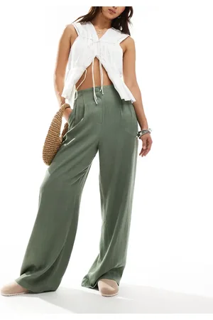 ASOS Tailored high waist seam detail wide leg linen pants in khaki