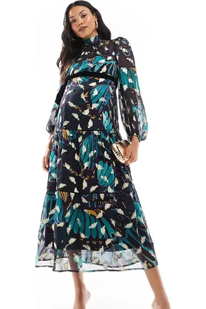 HOPE & IVY Premium printed maxi dress with velvet belt and gold fleck in teal