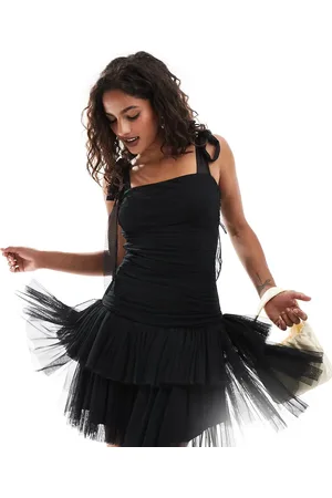 Lace & Beads Ruched bow shoulder tulle mini dress in