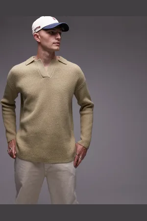 Topman Premium relaxed fit lambs wool open collar sweater in khaki
