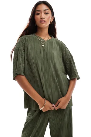 ONLY Boxy plisse t-shirt in olive - part of a set