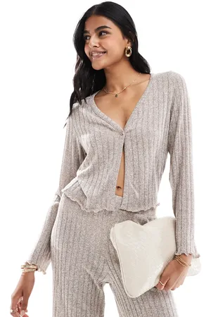 Pieces® Ribbed jersey throw-on cardigan in beige melange - part of a set