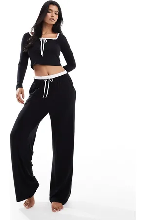 Kaiia Contrast tie waist wide leg pajama bottoms in - part of a set
