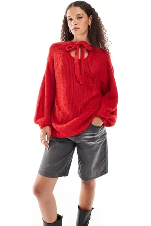 Daisy Street Balloon sleeve chunky sweater with tie back detail