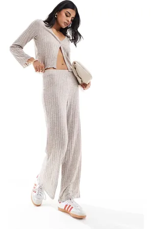 Pieces® Ribbed jersey wide leg pants in beige melange - part of a set