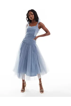 Lace & Beads Drop waist bow shoulder midaxi dress in
