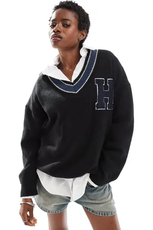 Daisy Street V-neck varsity knit sweater with frayed hem