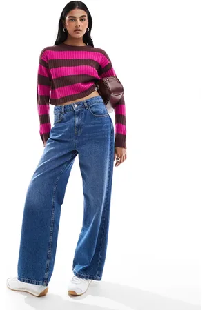 JJXX Cropped boxy stripe ribbed sweater in burgundy & pink