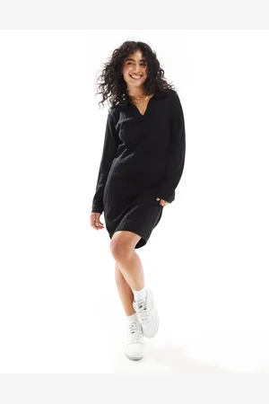 Y.A.S Wide rib knitted midi dress with open polo neck in
