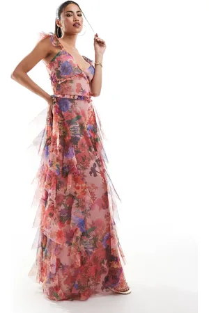 Lace & Beads Tulle ruffle maxi dress in red and cobalt floral