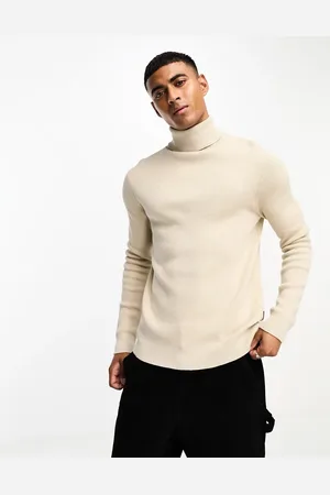 Only & Sons Roll neck ribbed sweater in beige