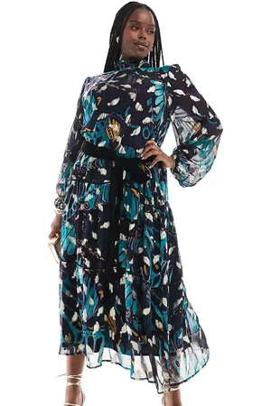 HOPE & IVY Premium printed midaxi dress with velvet belt and gold fleck in teal