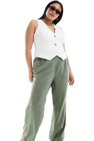 ASOS ASOS DESIGN Curve tailored high waist seam detail wide leg linen pants in khaki