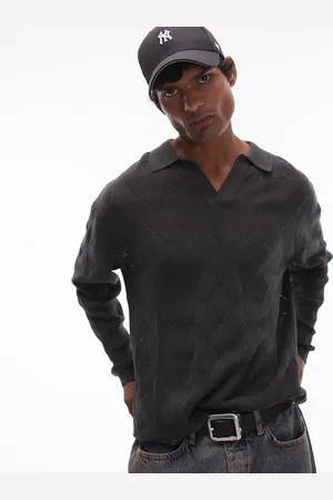 Topman Knitted diamond pattern pointelle long sleeve polo in dark