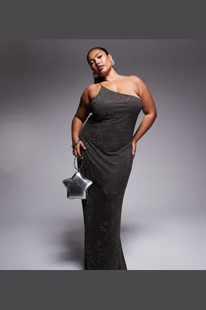 ASOS ASOS DESIGN Curve artwork hotfix one-shoulder maxi dress with open back in charcoal
