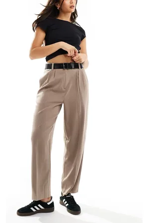 ASOS Wide leg paper bag tailored pants with belt trim in taupe