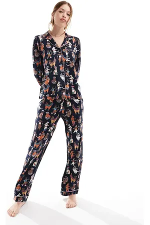 Chelsea Peers Poly long sleeve revere top and pants pajama set in disco cat print