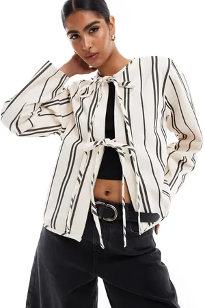 ASOS Denim tie front long sleeve top in black and white stripe