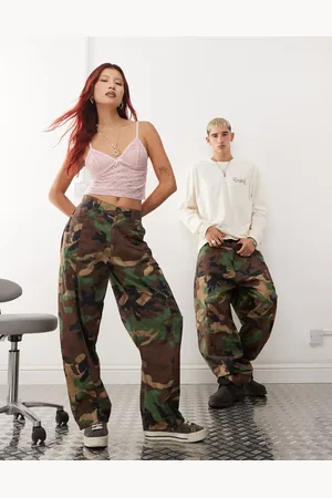 Reclaimed Unisex camo print barrel leg pants