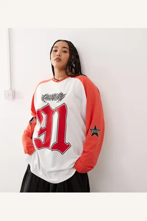 COLLUSION Plus oversized long sleeve t-shirt with vintage 91 graphic red ecru