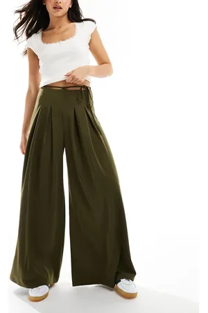 ASOS Tie waist super wide leg tailored pants in khaki