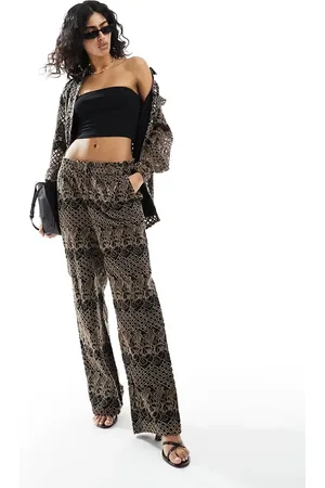 Y.A.S Eyelet wide leg pant in black and deep beige - part of a set
