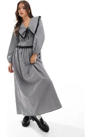 ASOS Collar shirred waist maxi dress in mono gingham