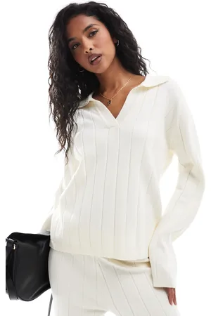 Y.A.S Wide rib knitted sweater with open polo neck in cream - part of a set