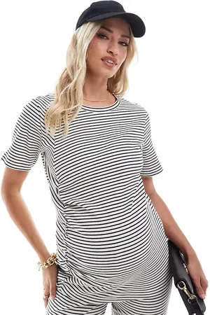 Mama;licious Mamalicious maternity ribbed ruched front short sleeve top in stripe - part of a set