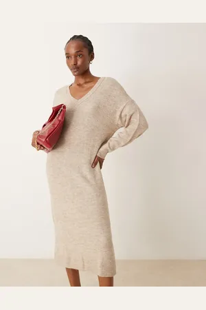 VILA V neck knitted sweater midi dress in natural melange