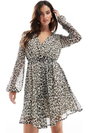 VILA Chiffon wrap mini dress in mono leopard print