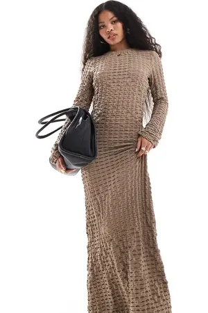 VILA Waffle textured long sleeved maxi dress in taupe