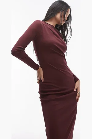 Topshop Twist long sleeve midaxi dress in burgundy