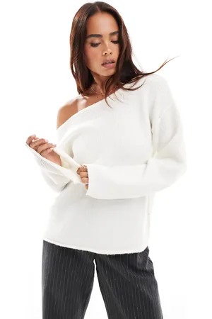 Miss Selfridge Asymmetric off the shoulder slouchy cozy knit sweater in cream