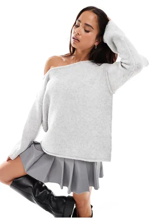 Miss Selfridge Asym off the shoulder slouchy cozy knit sweater in heather