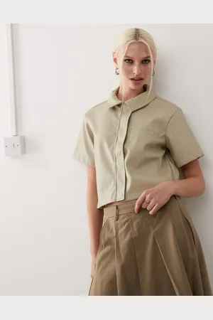 Noisy May Faux leather cropped shirt in beige