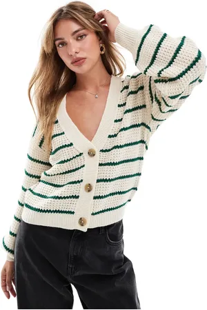 JDY Knit cardigan in cream with green stripe
